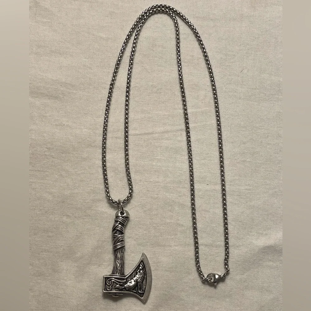Nordic Viking Axe Necklace with Wolf & Bird